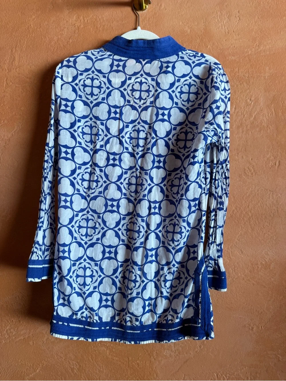 Tory Burch Blue White Printed Cotton Tunic Blouse Cover Up Size 10